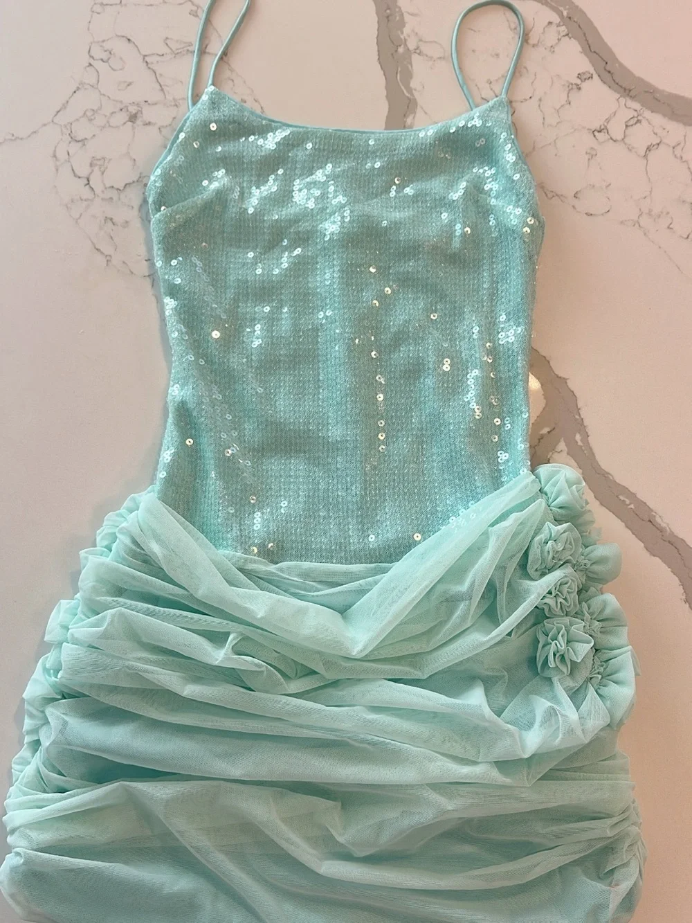 Sequin & Ruffle Mint Slip Dress